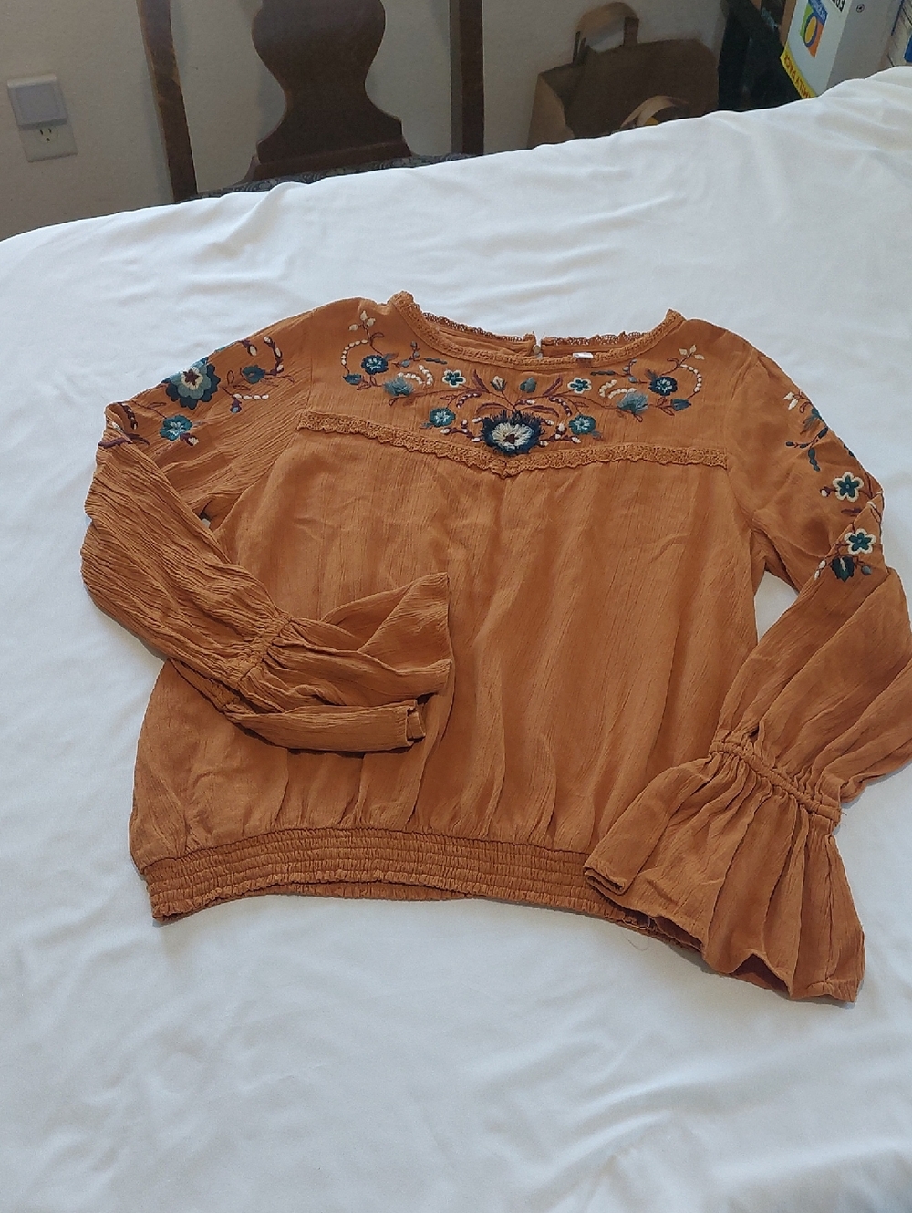 Xhilaration Rust Embroidered Peasant Blouse with Teal Flowers .Size M